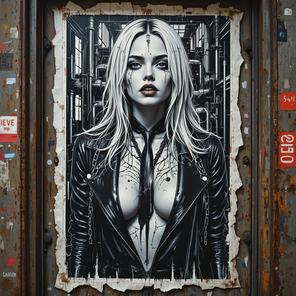 Manifesto stradale strappato con una femme fatale incatenata su porta di metallo