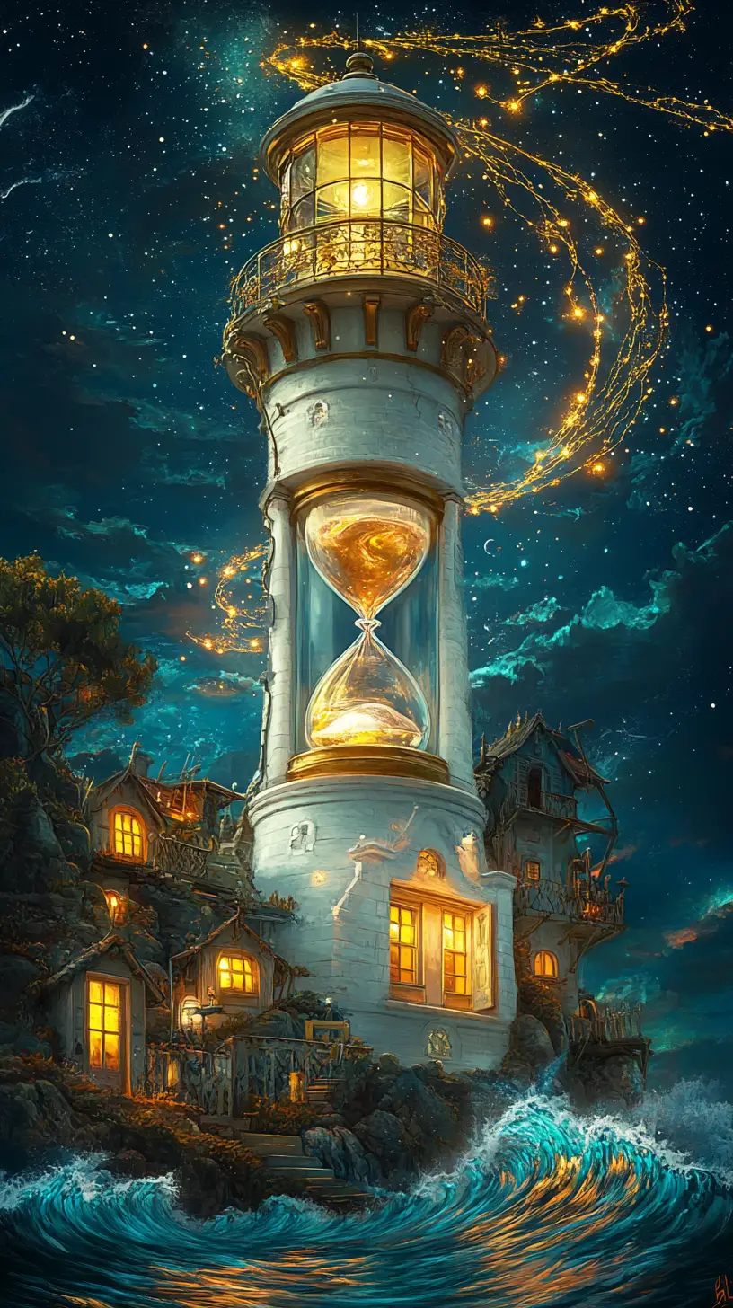 Whimsical seaside village encircling a glowing white lighthouse