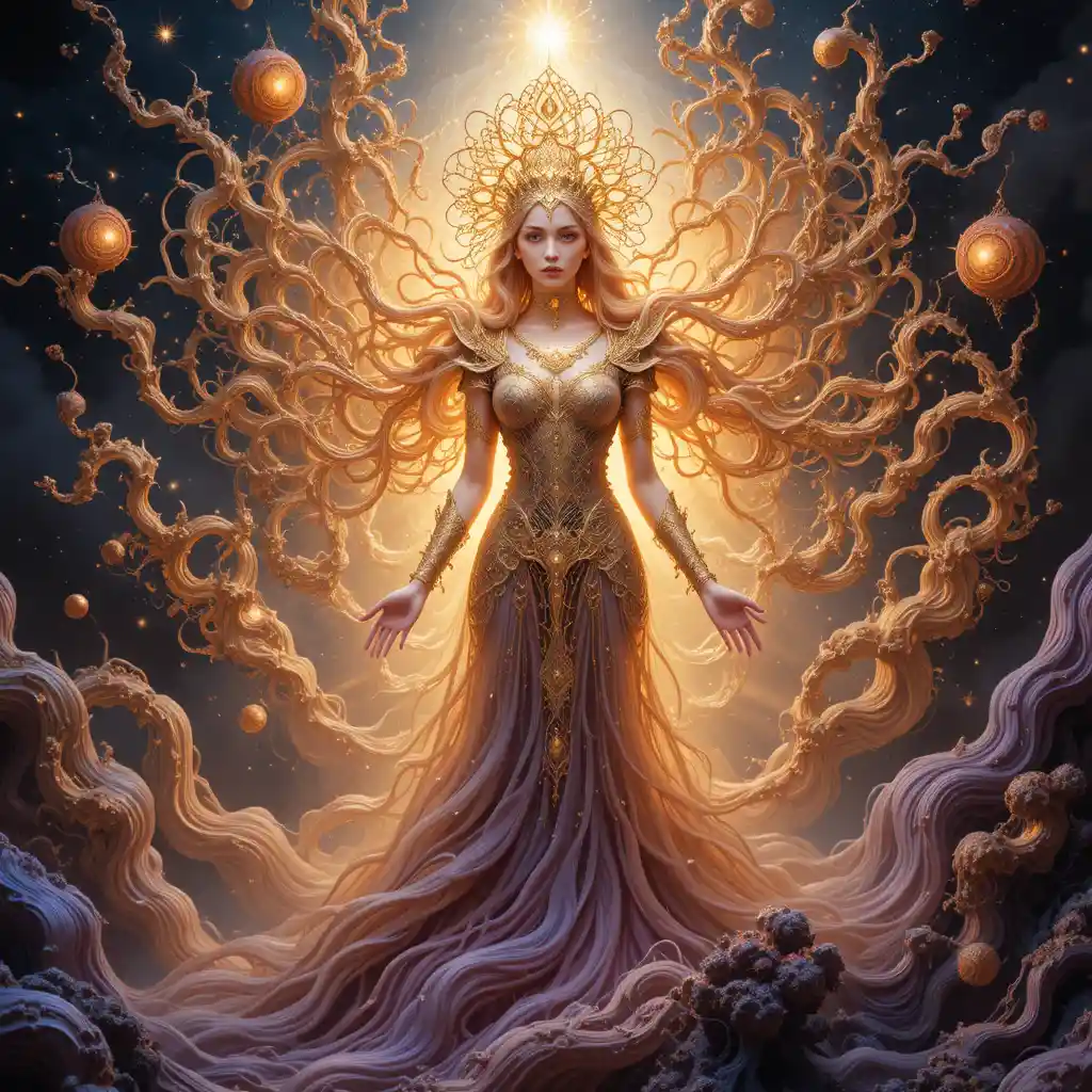 Mythic queen of origins amid luminous fractal cosmos