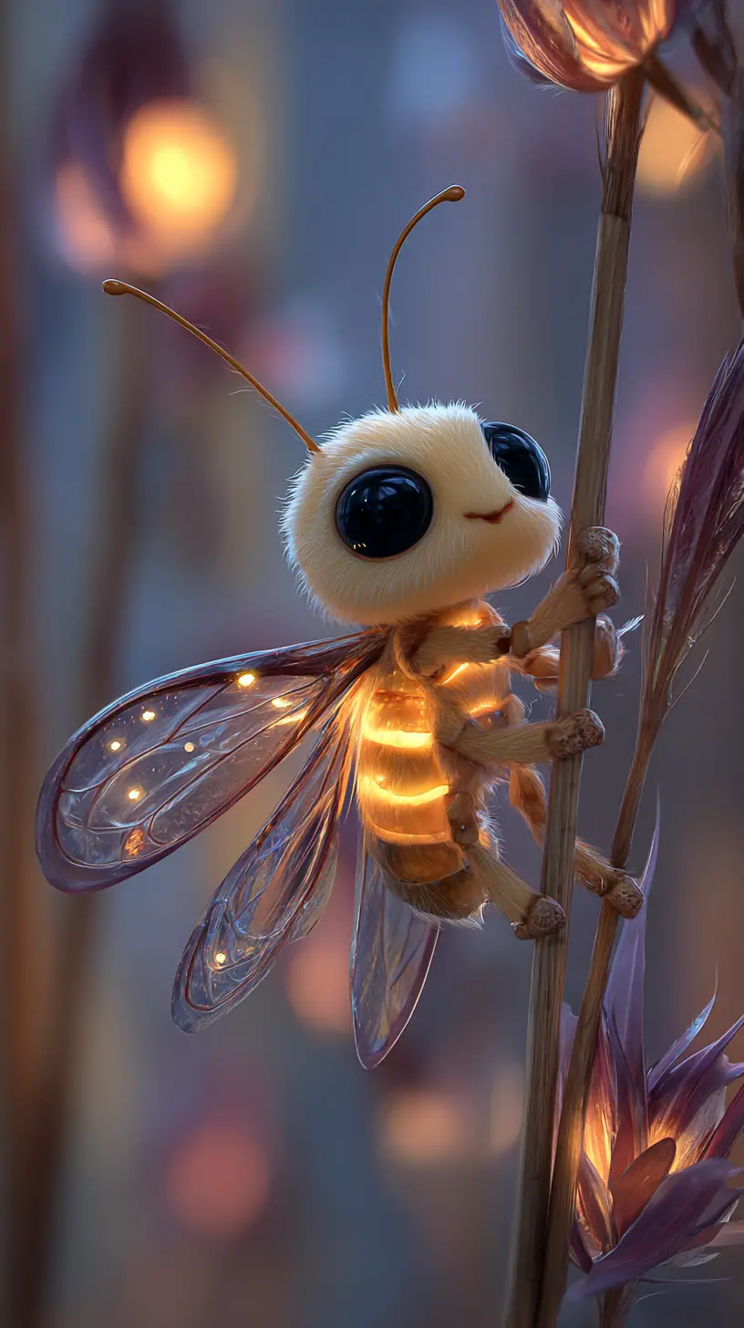 Cute glowing firefly on a reed in magical night scene