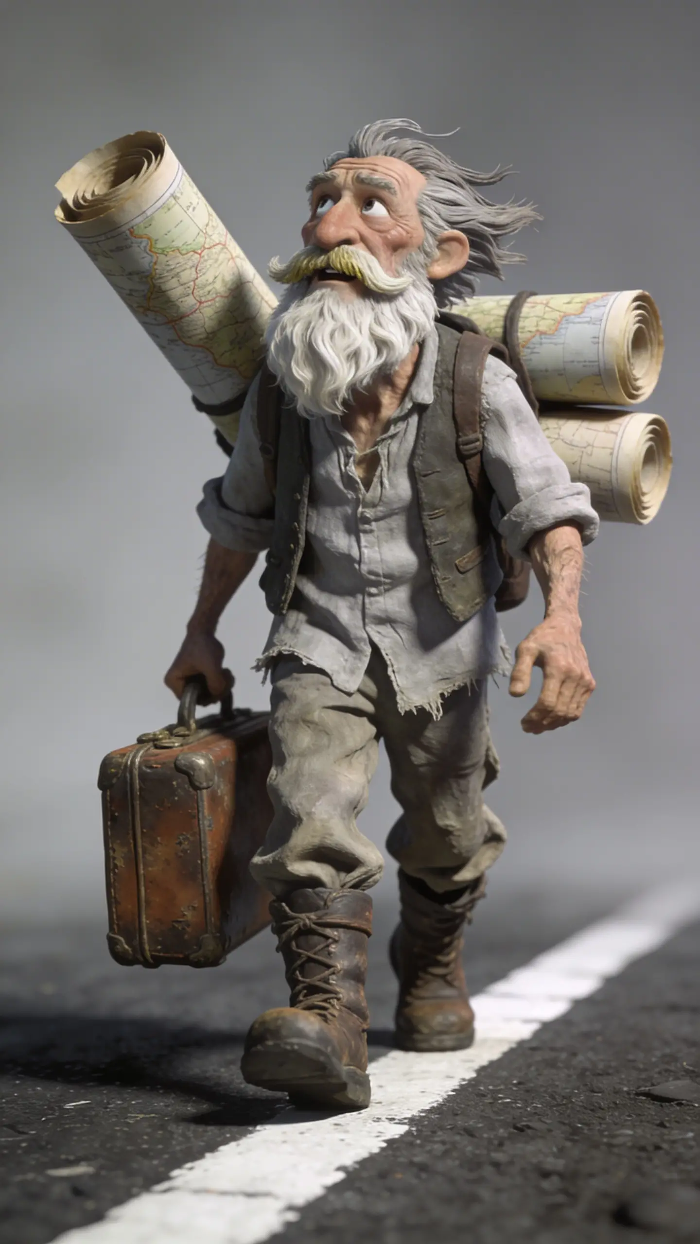 Elderly Traveler With Maps Walking Along The Road