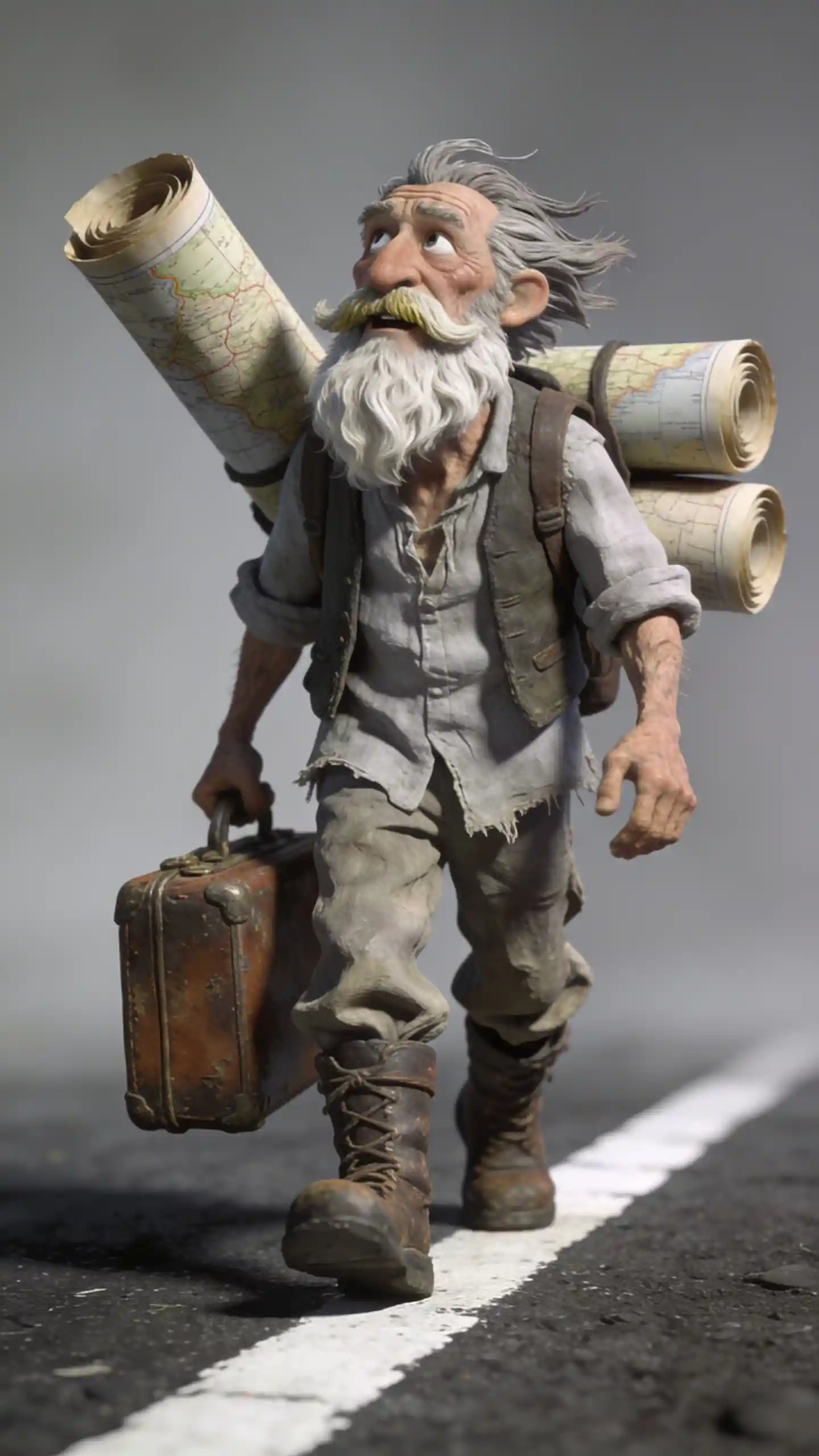 Elderly Traveler With Maps Walking Along The Road
