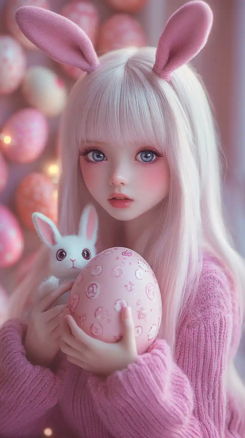 Cute anime girl with pink hair and easter bunny ears