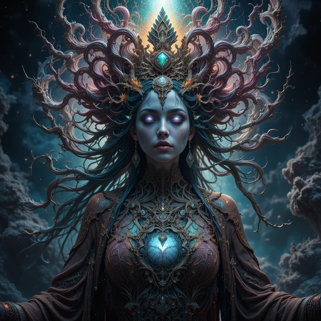Mythic queen amid swirling bioluminescent fractal cosmos