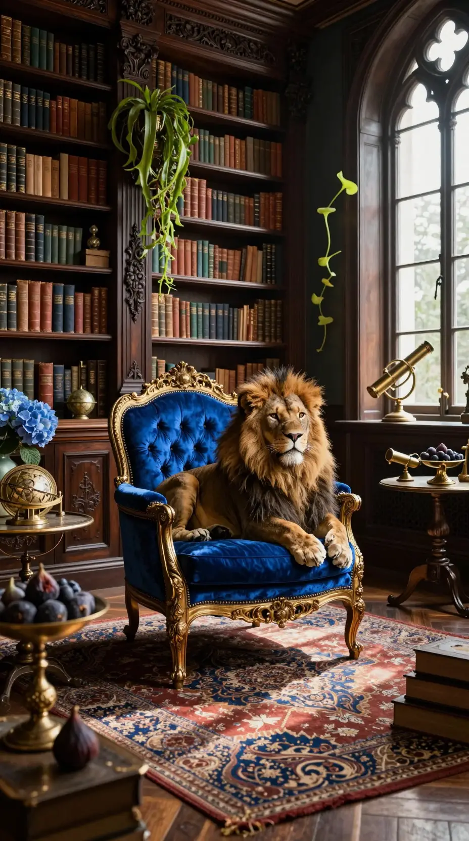 Regal lion on baroque chair in surreal library