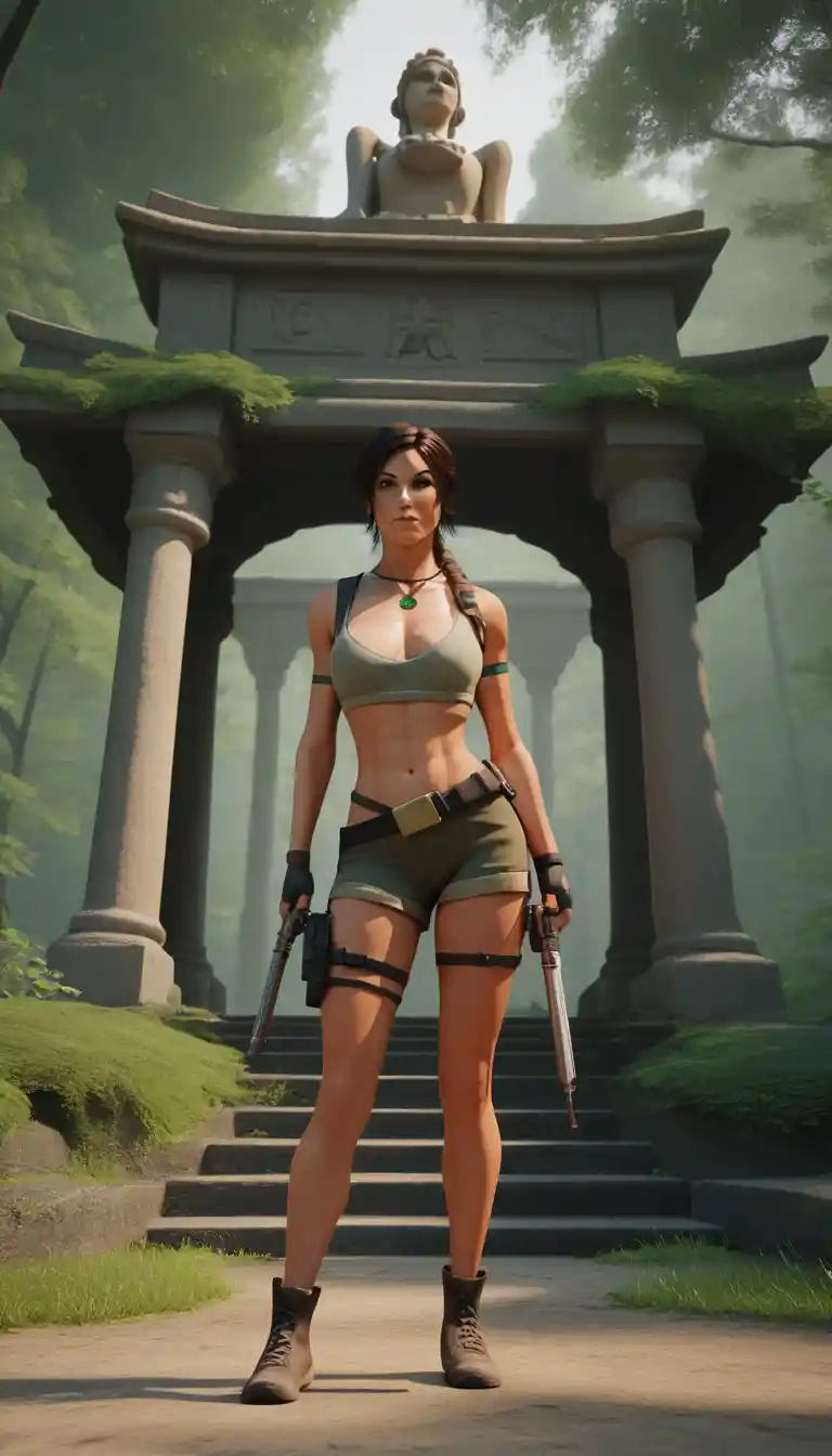 Donna a figura intera in piedi davanti a un antico tempio nella foresta render 3D