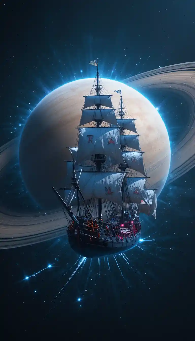 Futuristic cyber frigate sailing through deep space by Saturn
