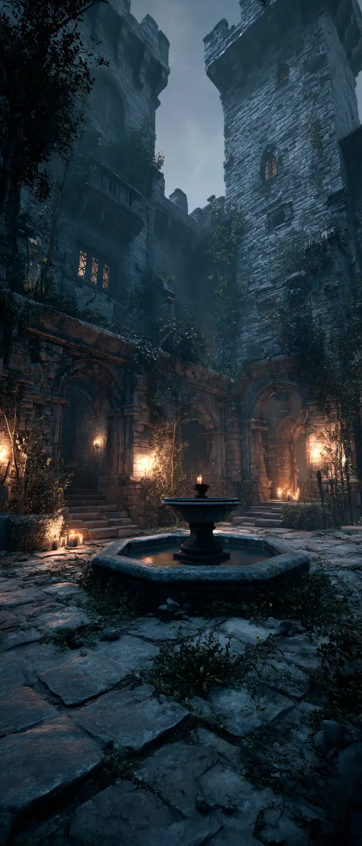 Dark fantasy castle courtyard at twilight with torches