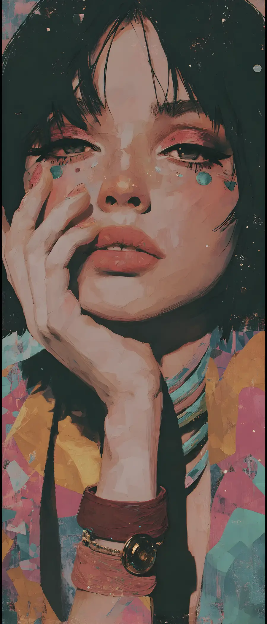 Whimsical fantasy painting with colorful geometric pastel forms