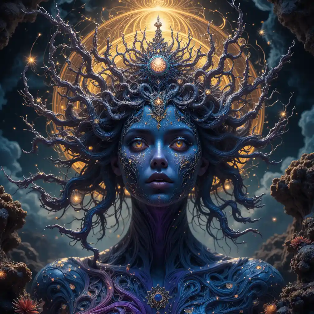 Mythic queen amid swirling fractal cosmic patterns