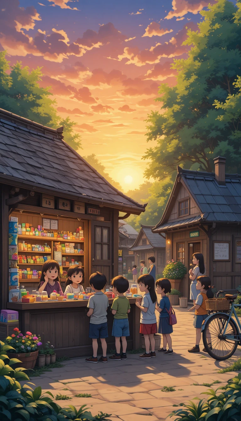 Anime village shop at sunset with children buying candy