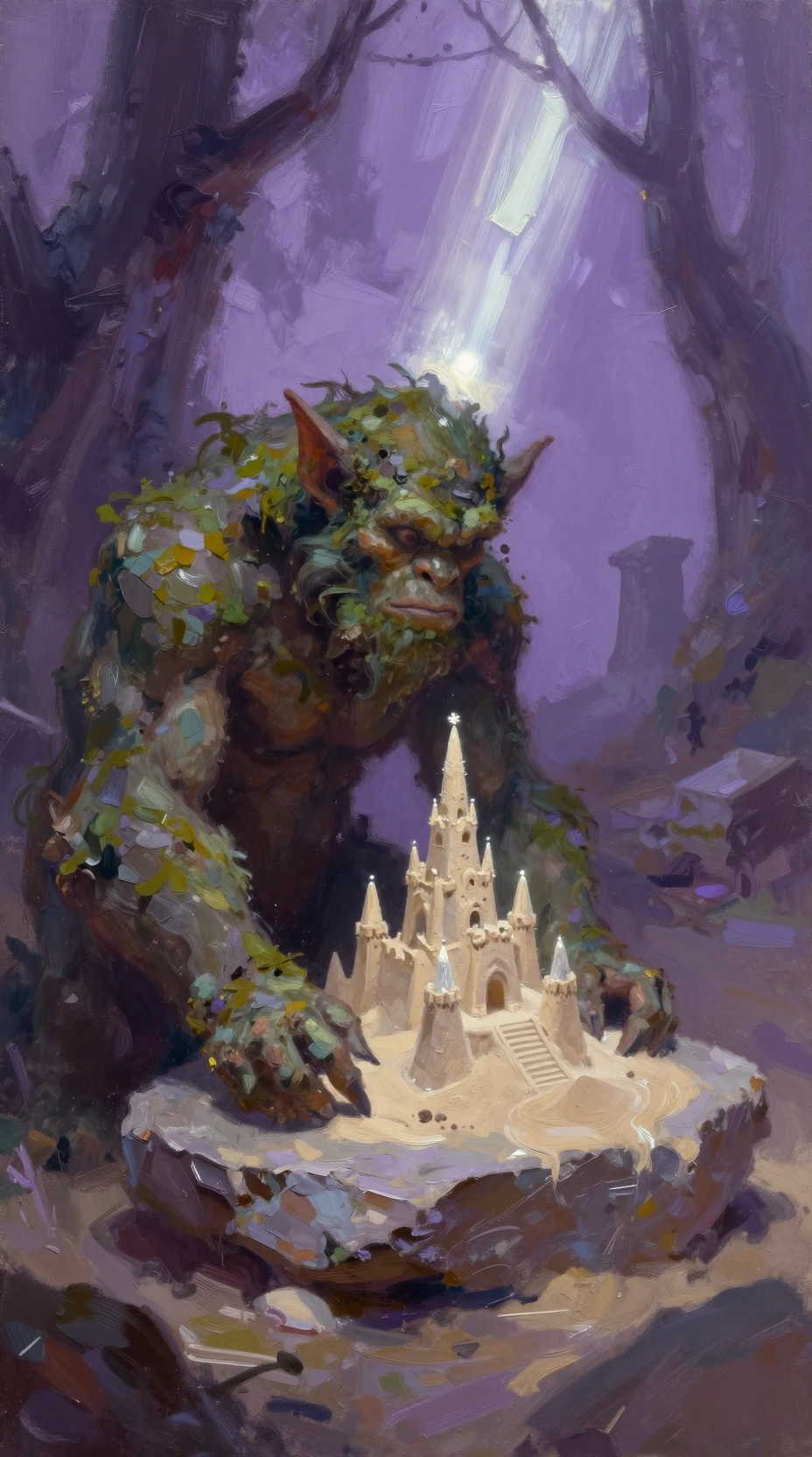 Troll antigo criando um castelo de areia de pérola brilhante