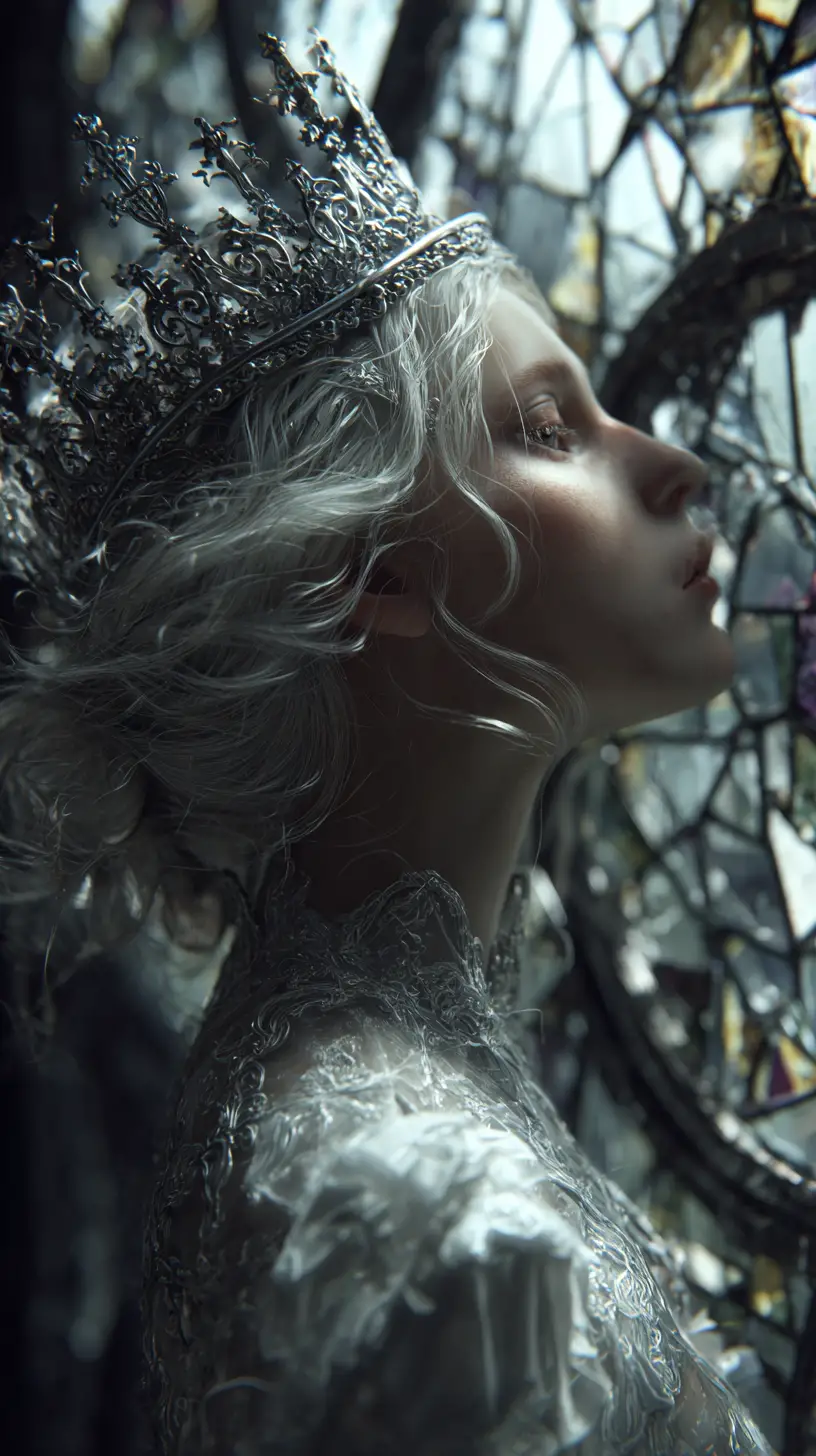 Ghostly queen in a ruined moonlit gothic ballroom