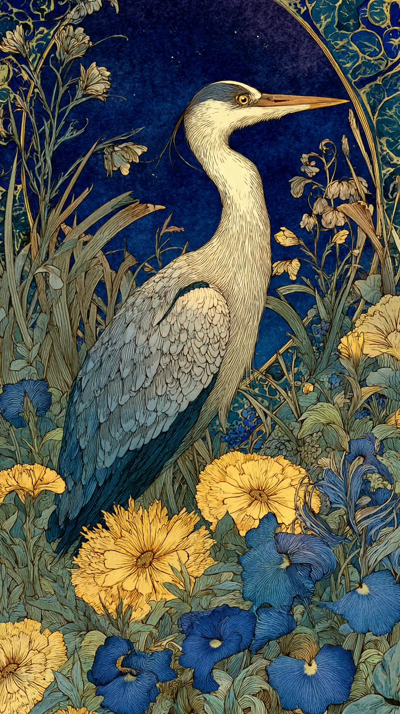 Watercolor heron in a dreamy twilight meadow scene