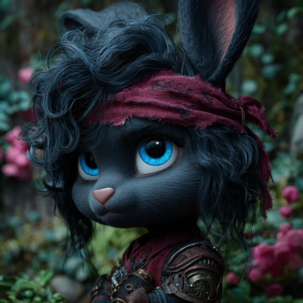 Steampunk black rabbit portrait in a dreamy garden