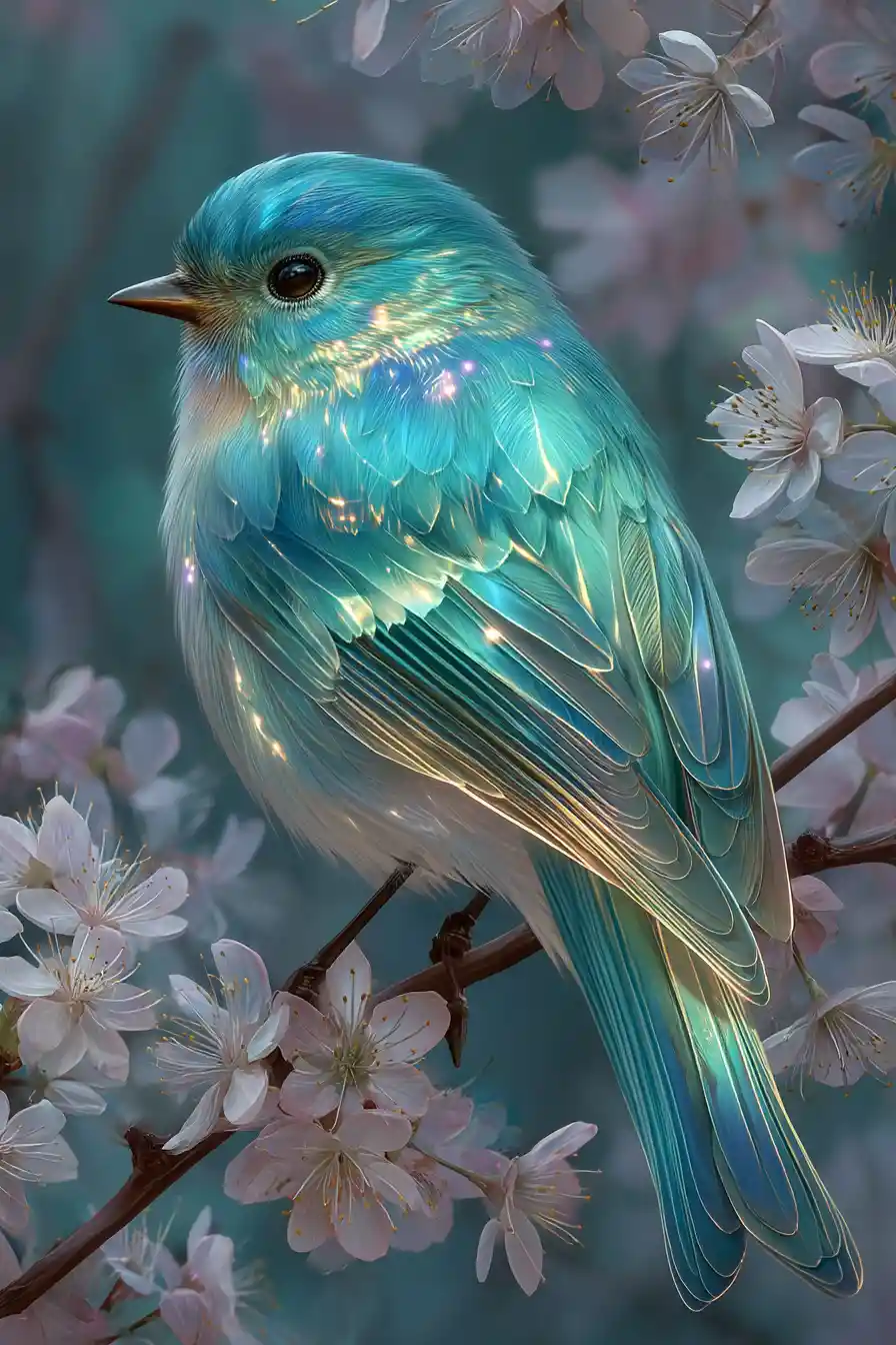 Magical luminous bird resting on a spring tree branch