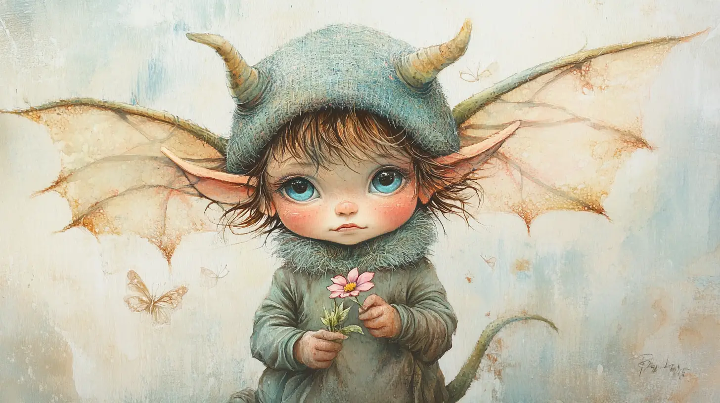 Tiny baby dragon holding a flower in soft watercolor style