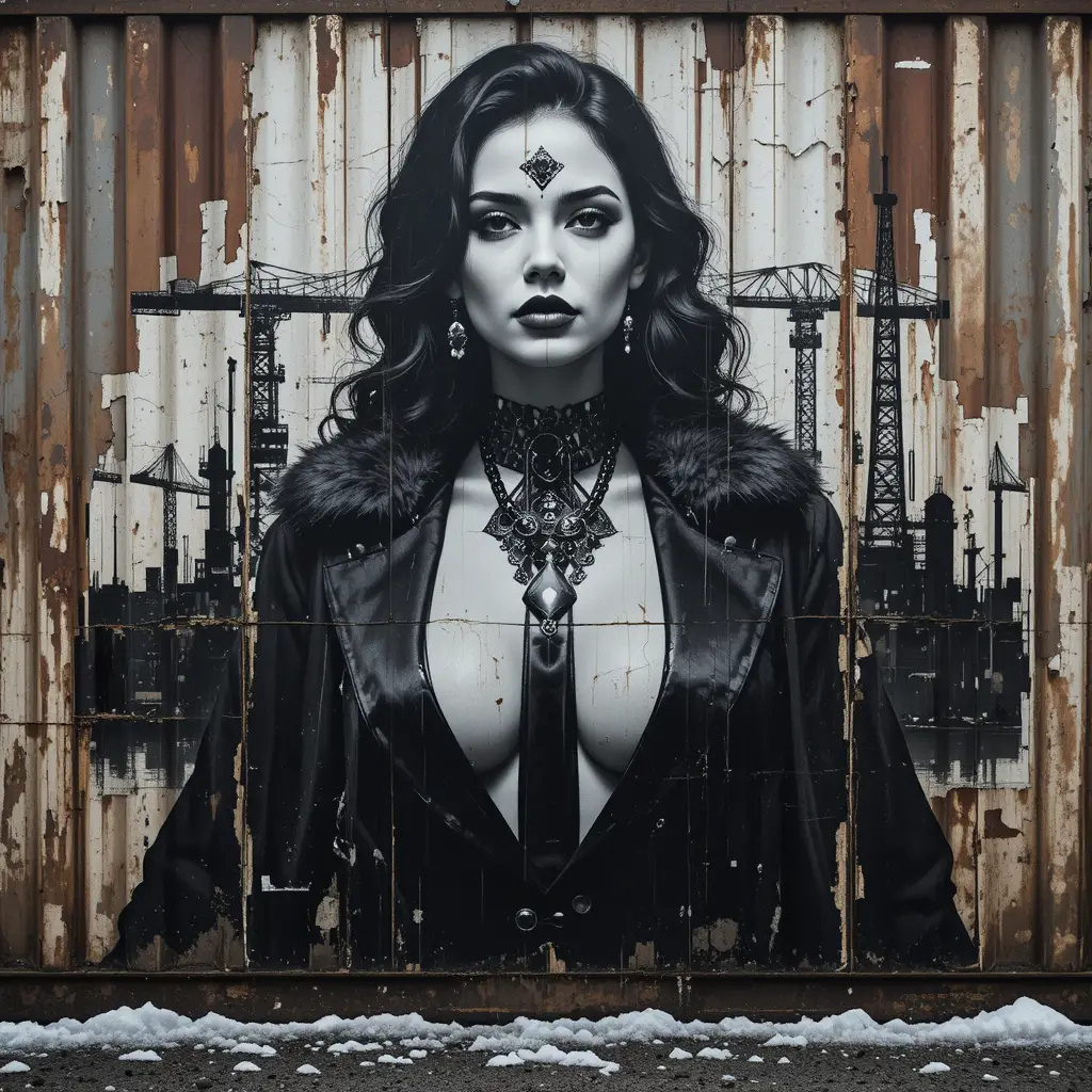 Femme fatale portrait on torn industrial street poster