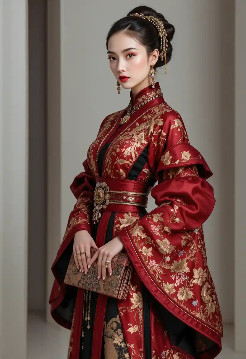 身著帝王風深紅和服禮服的高級時尚女子