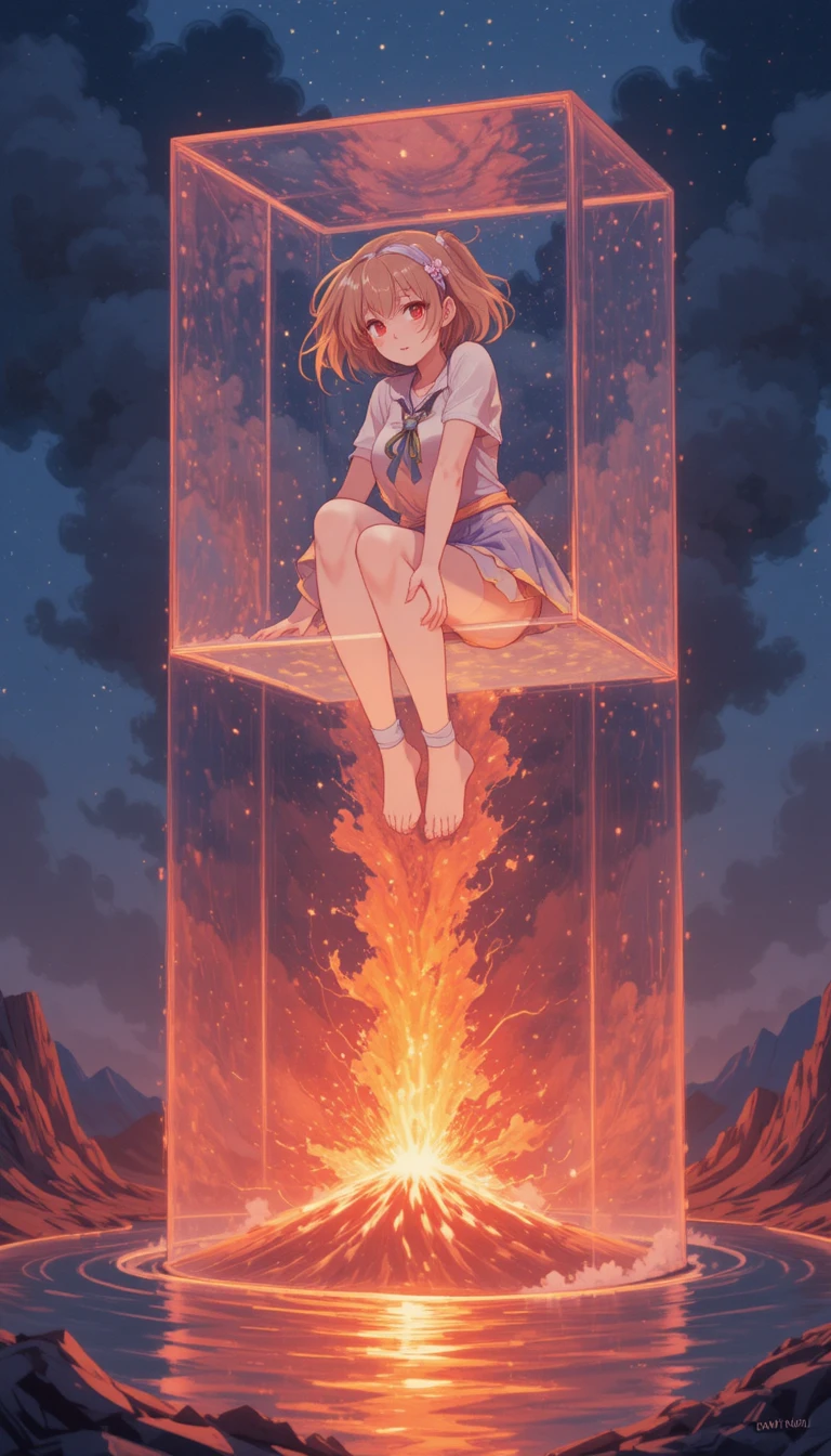 Anime girl curled up above a glowing volcanic landscape