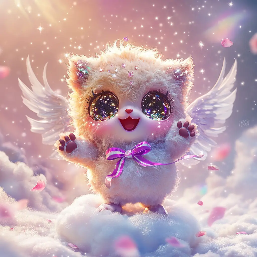 Cute chibi creature with wings on a fluffy cloud