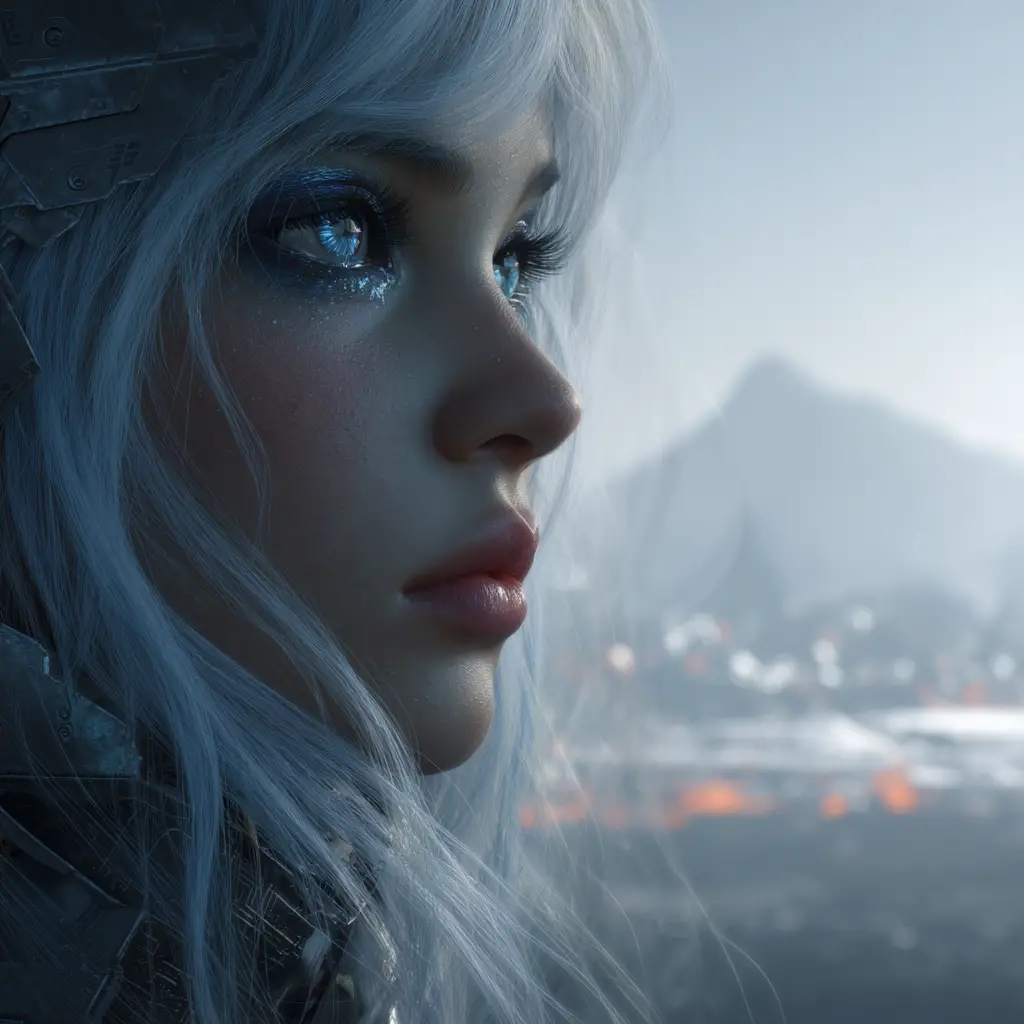 Cyberpunk woman portrait in misty futuristic relief scene