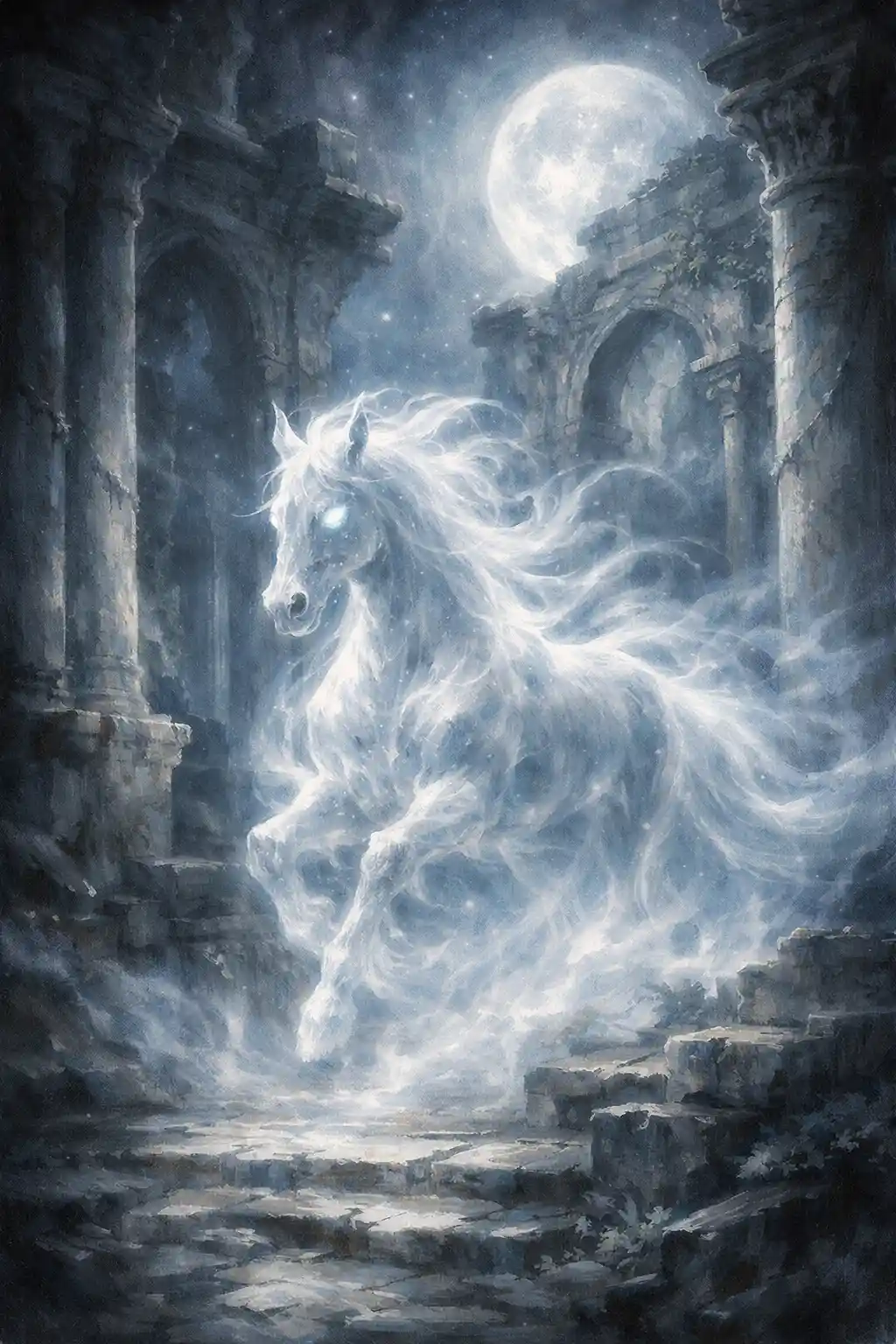 Ghostly horse spirit in ancient ruined temple at night