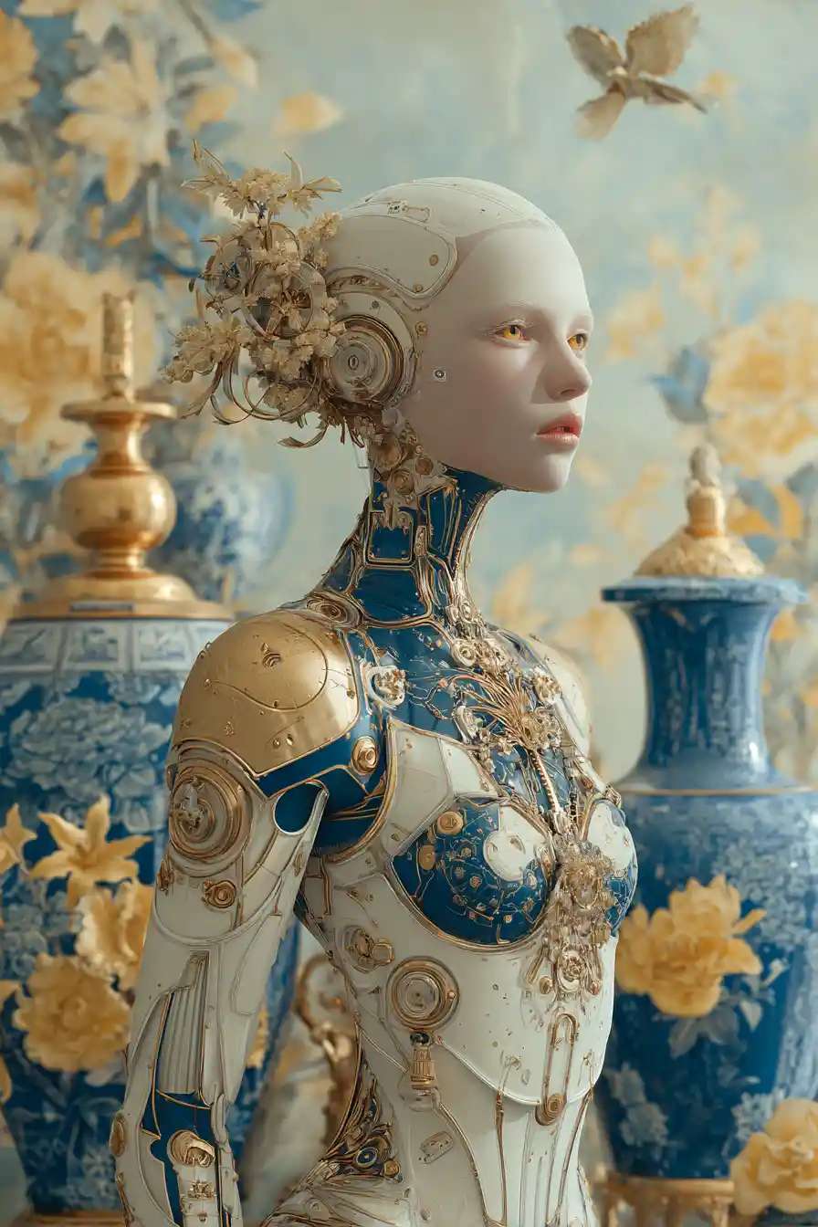 Steampunk surreal woman in ornate porcelain mechanical attire