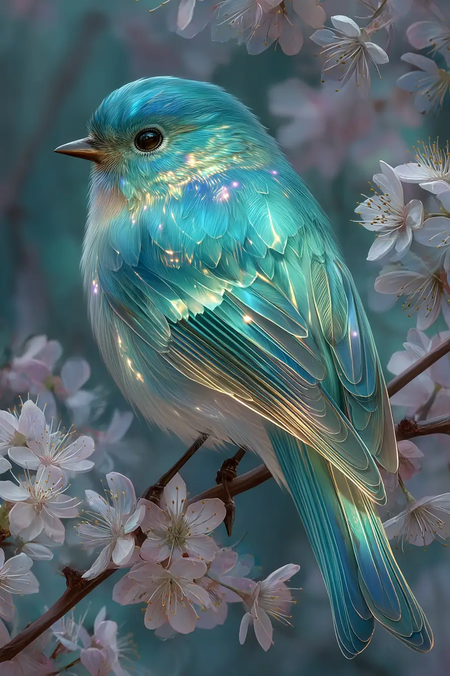 Magical luminous bird resting on a spring tree branch