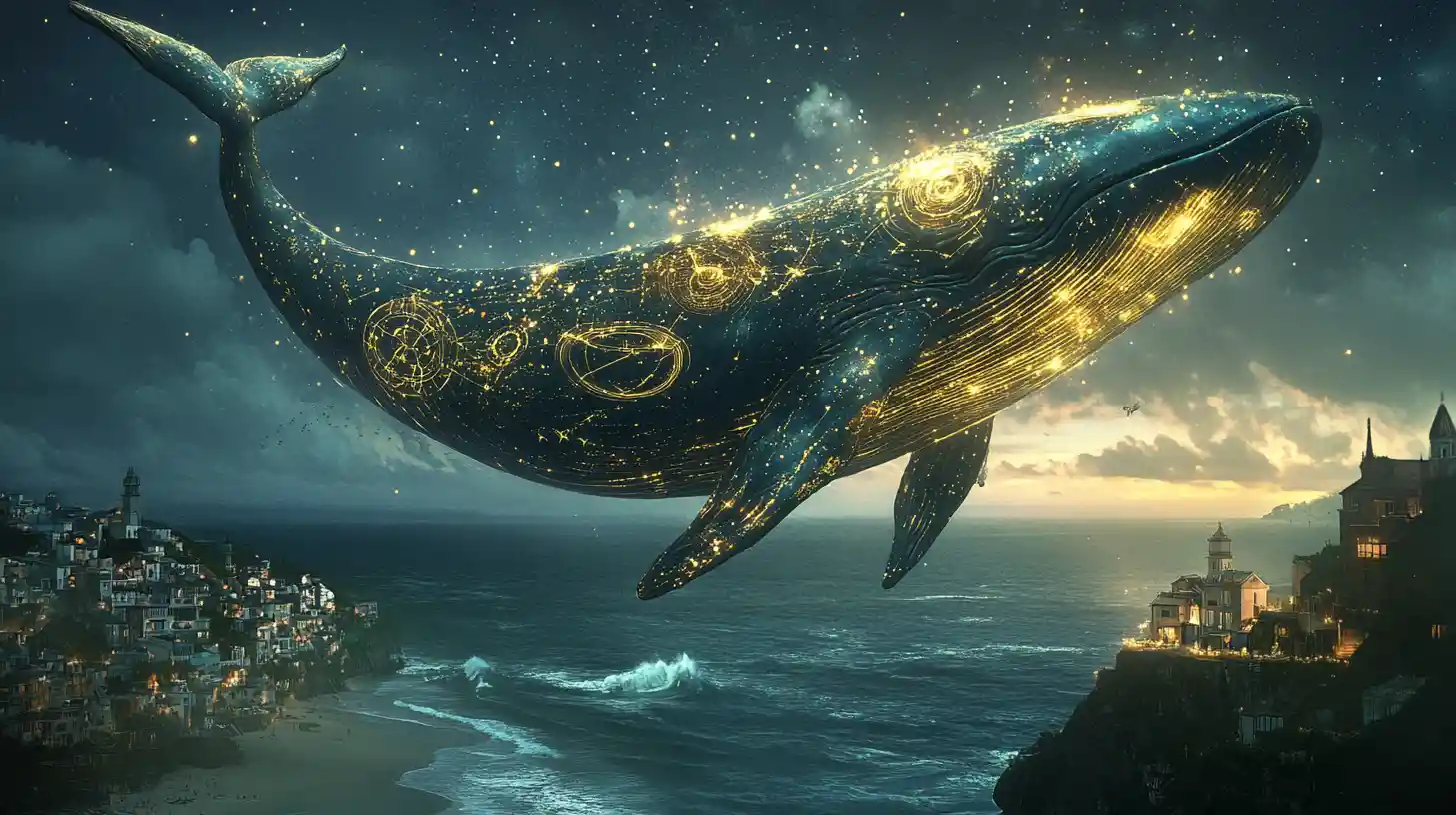 Celestial whale of water and stars above coastal town