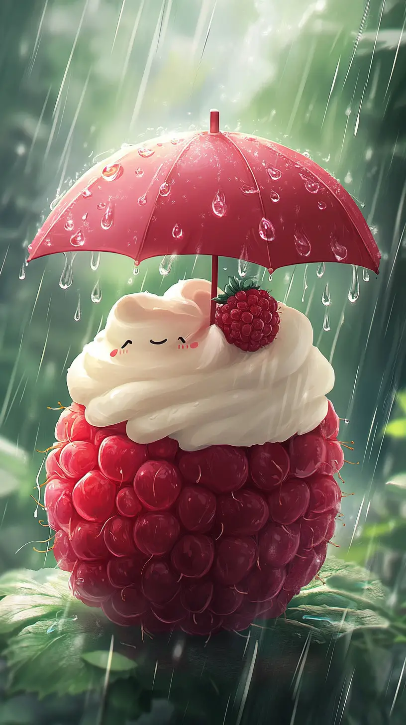 Cute cartoon cake on raspberry with red umbrella