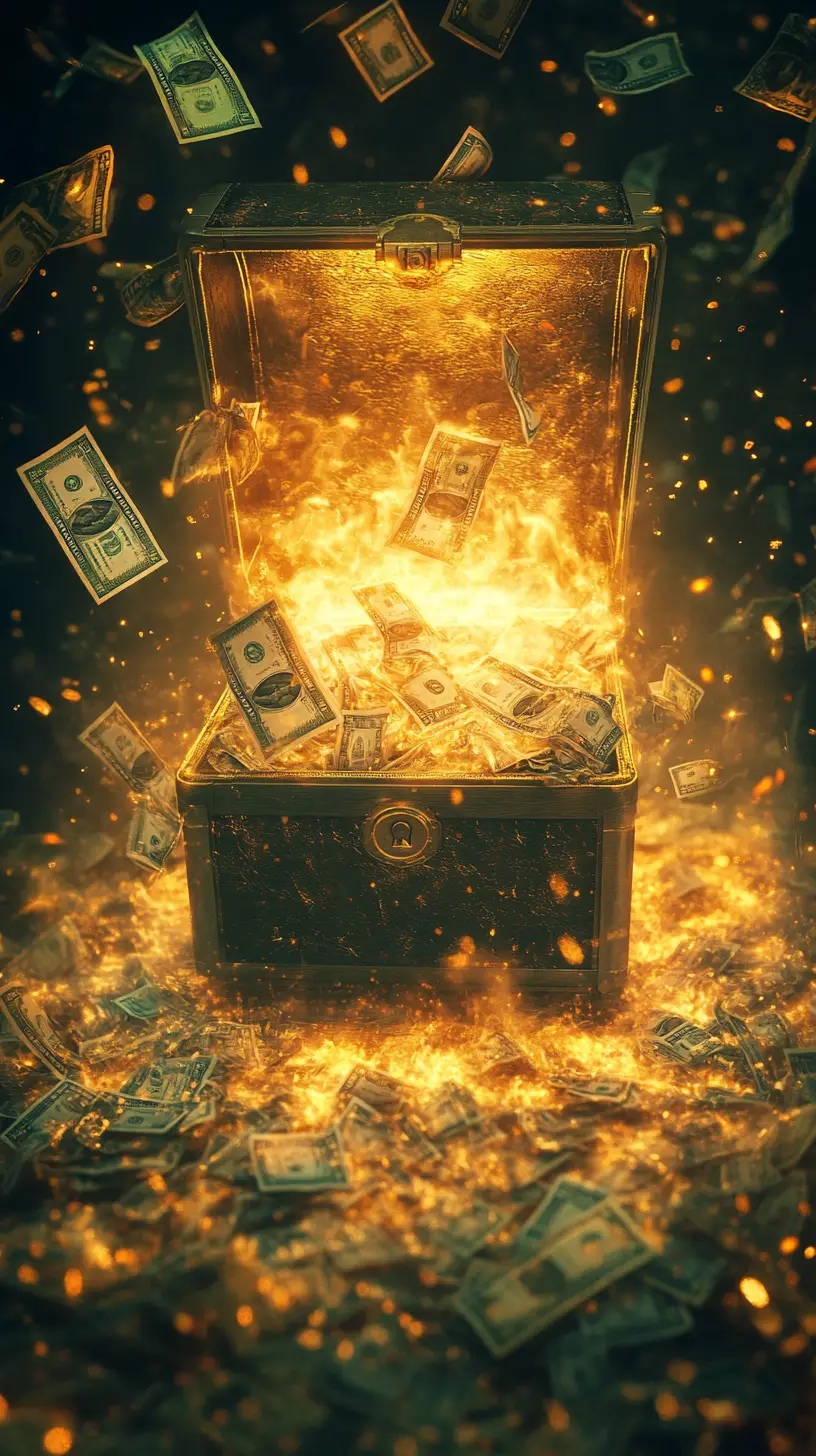 Dollar Bills Floating Toward A Chest In Golden Tunnel