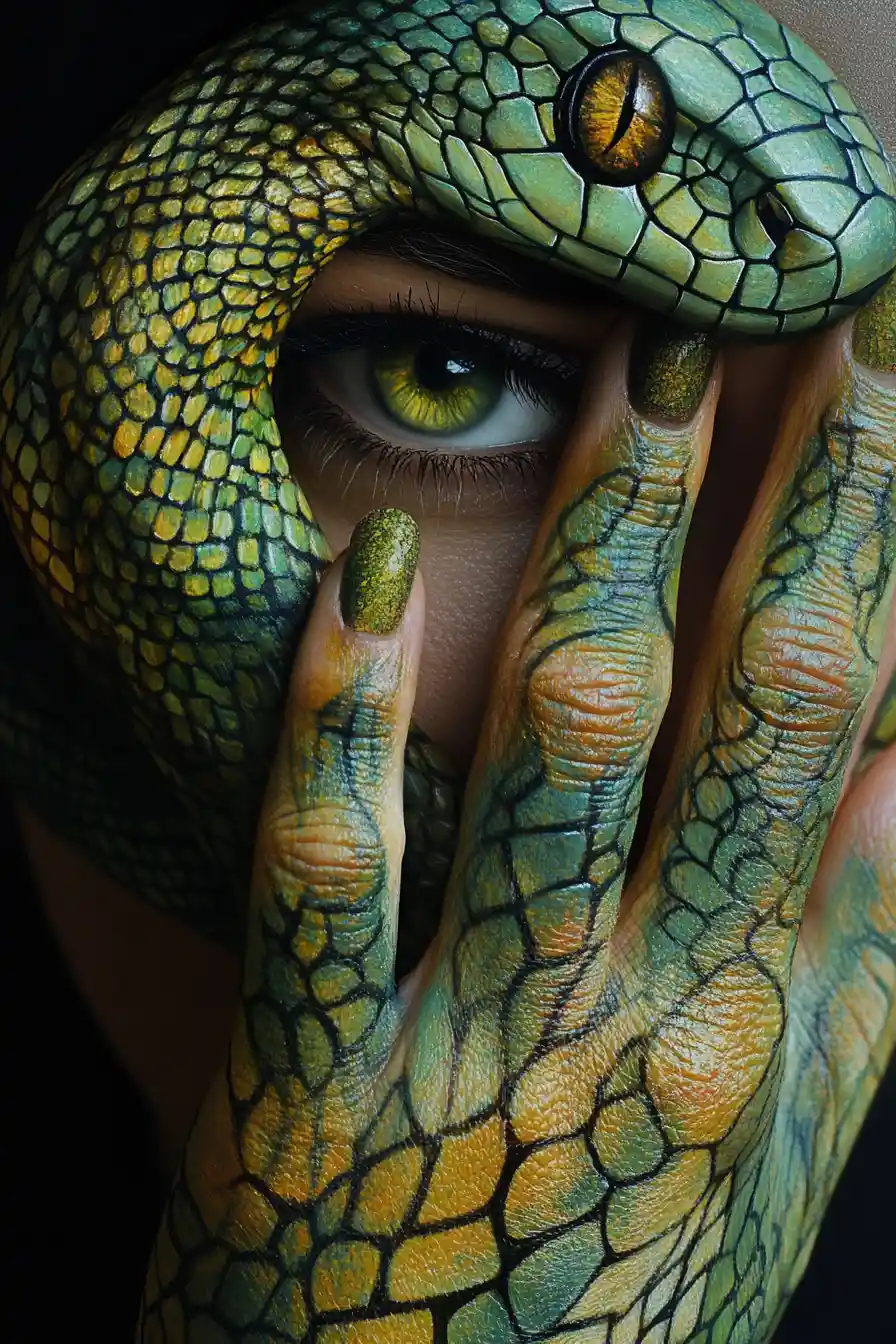 Hand Painted As Coiled Green Snake Across Human Face