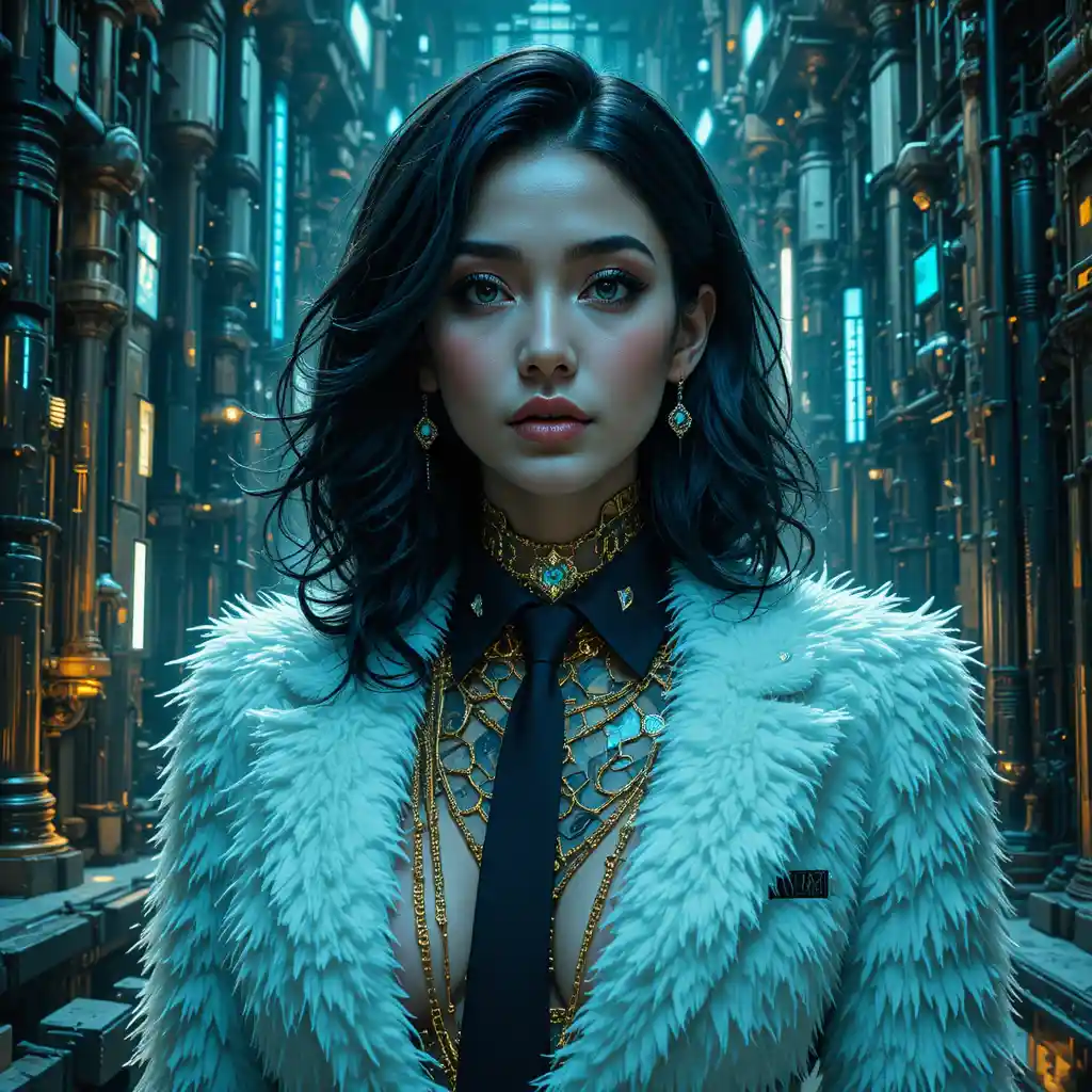 Noir cyberpunk woman in glitching neon close up portrait