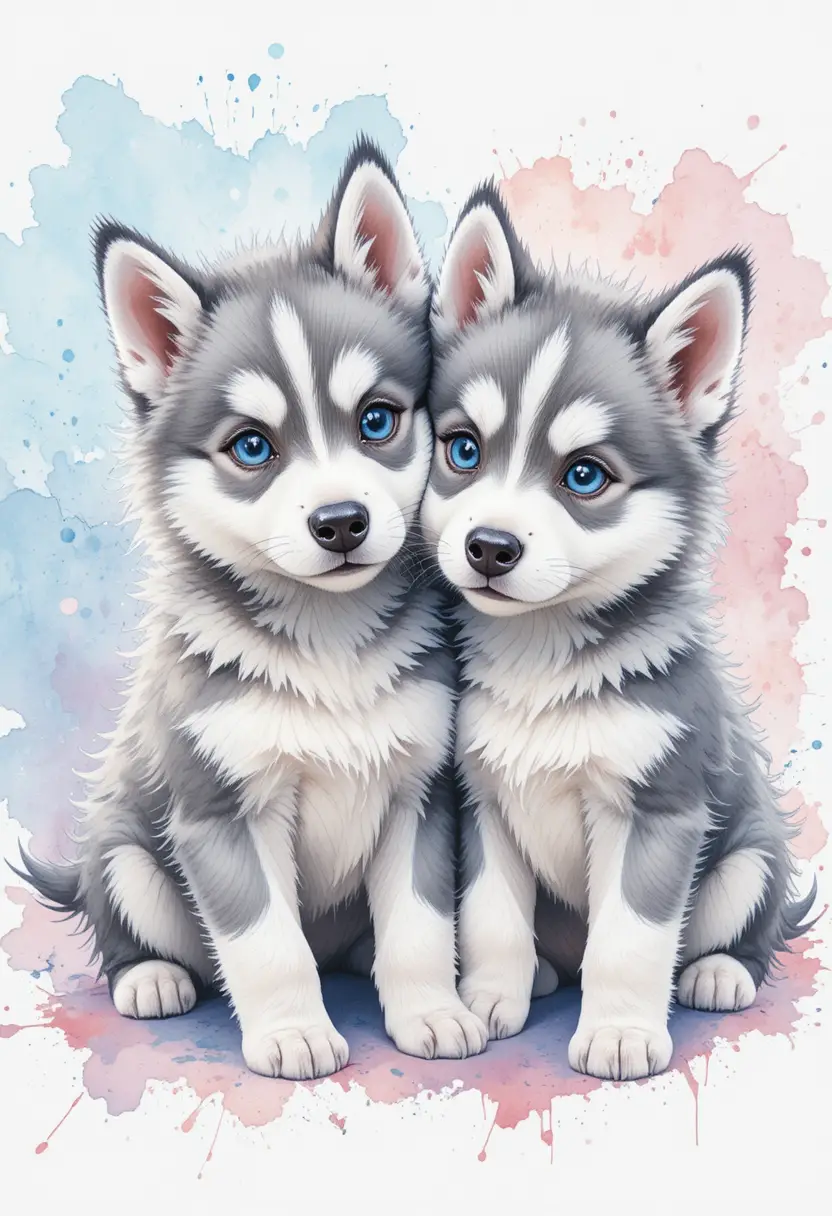 Due cuccioli di husky che si coccolano in una morbida acquerello pastello