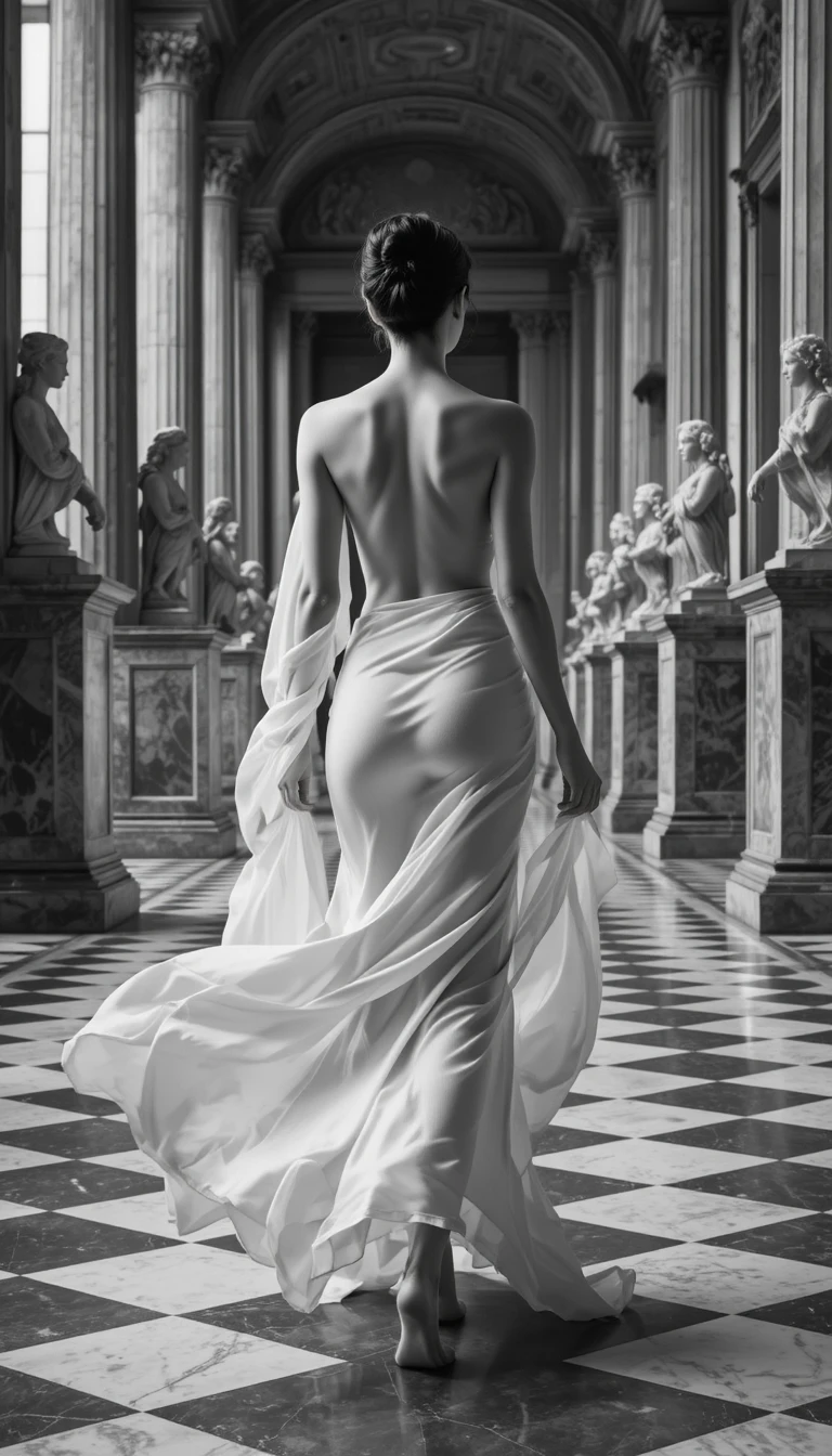 Barefoot woman walking through a classical marble sculpture gallery