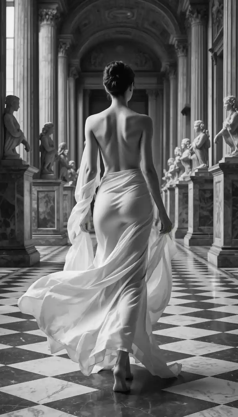 Donna a piedi nudi che cammina in una galleria di sculture classiche in marmo