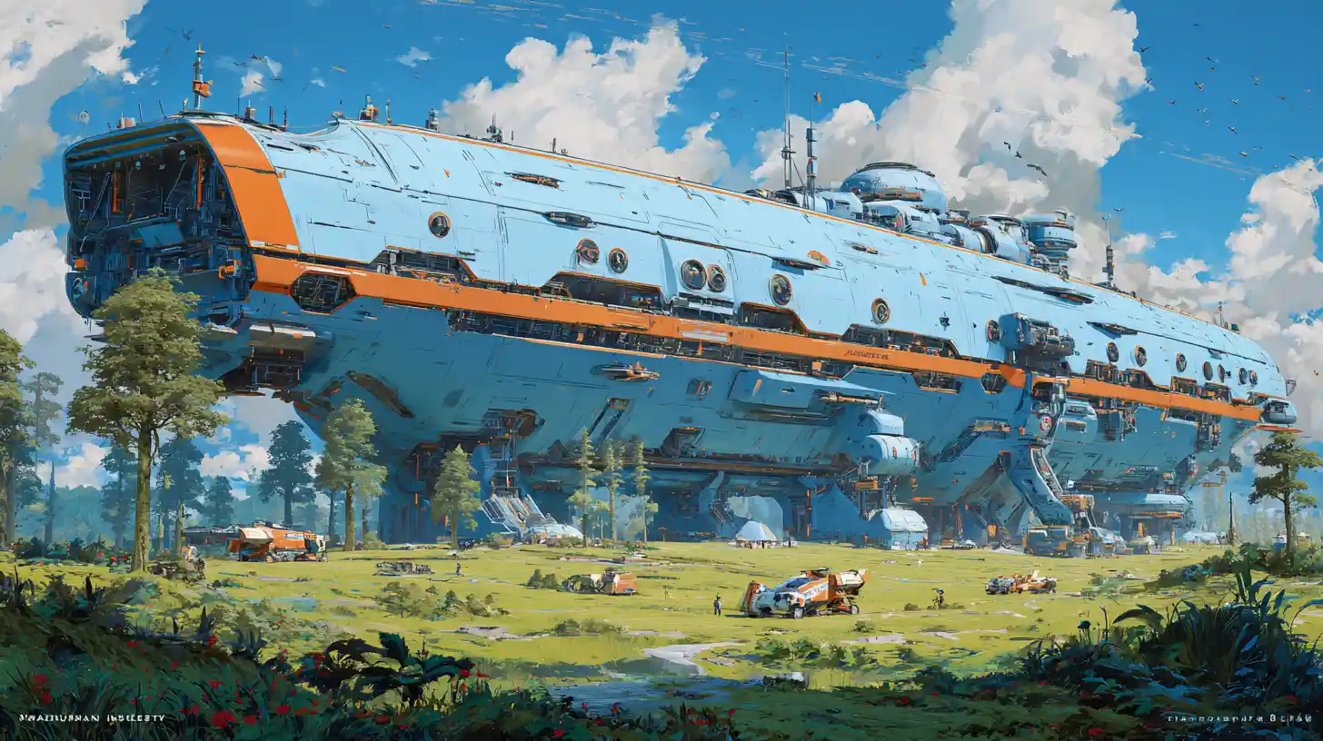 Gigantic Futuristic Cargo Spaceship Landed On Green Planet