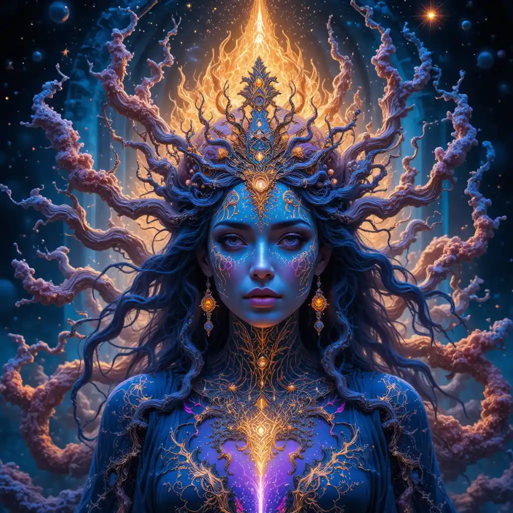Psychedelic cosmic queen with luminous fractal geometry