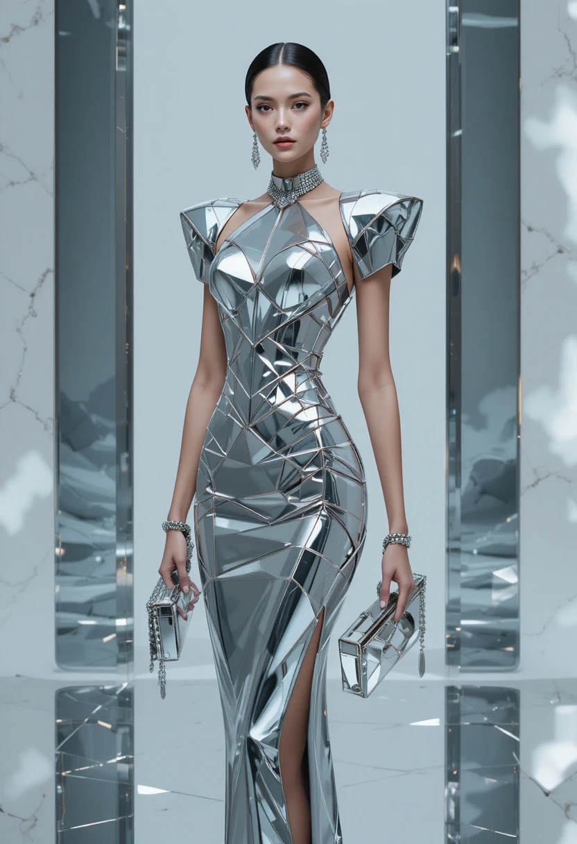 High-Fashion-Frau in verspiegeltem silbernen Couture-Kleid