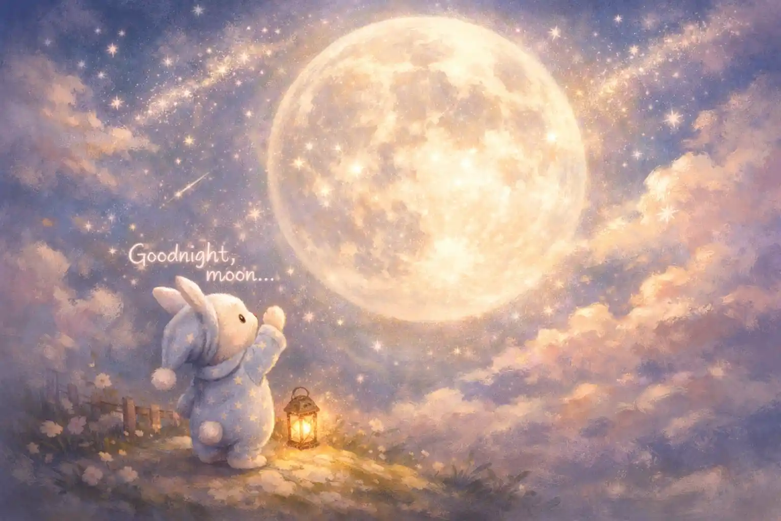 Cute pastel rabbit in pajamas saying goodnight to the moon