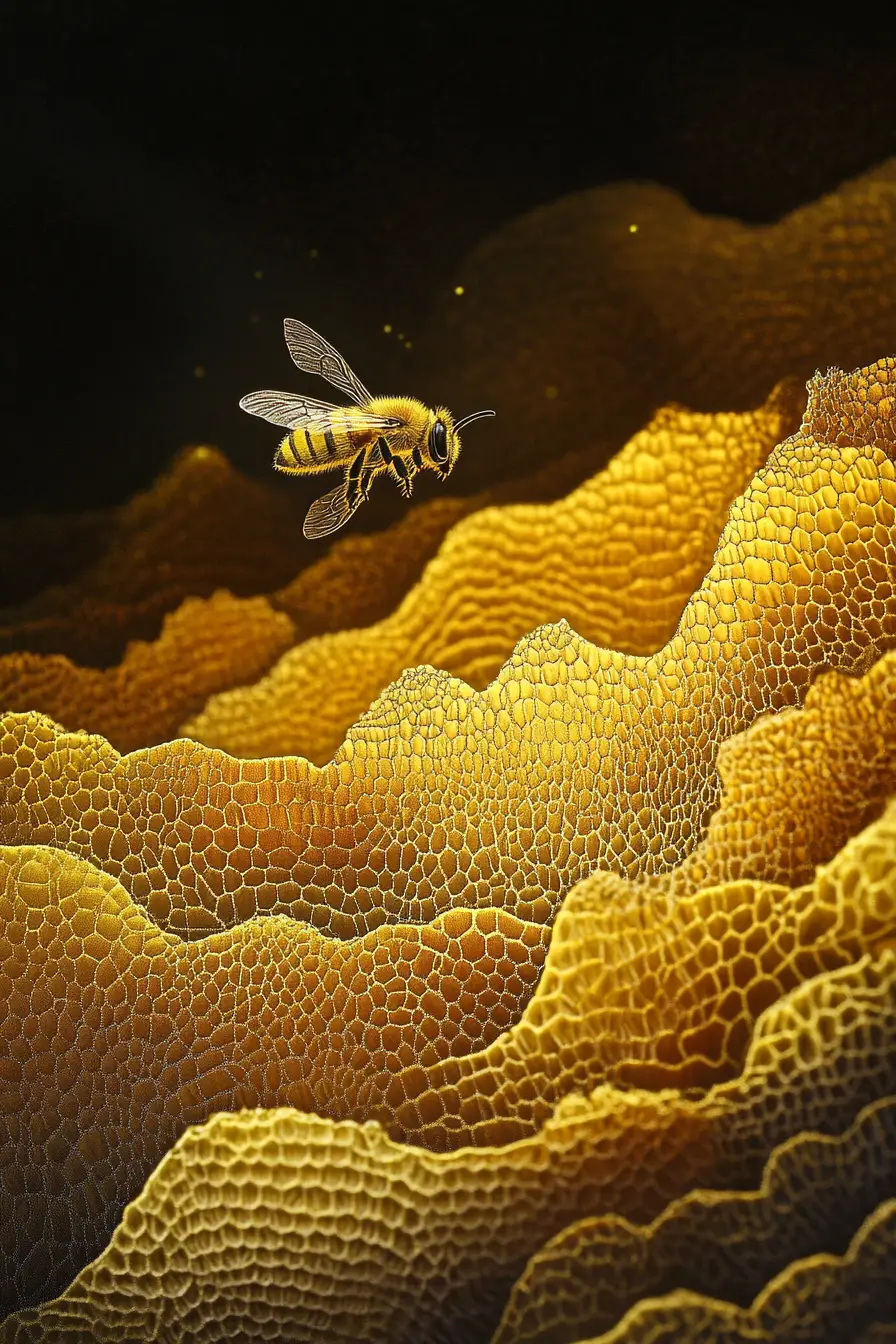 Small bee above glowing honeycomb like layered terrain