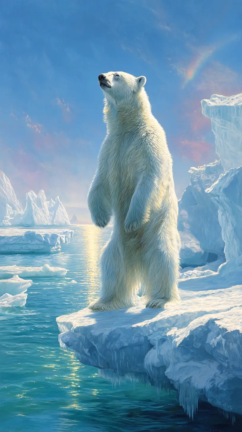 Majestic Polar Bear On Arctic Ice Under Rainbow Sky