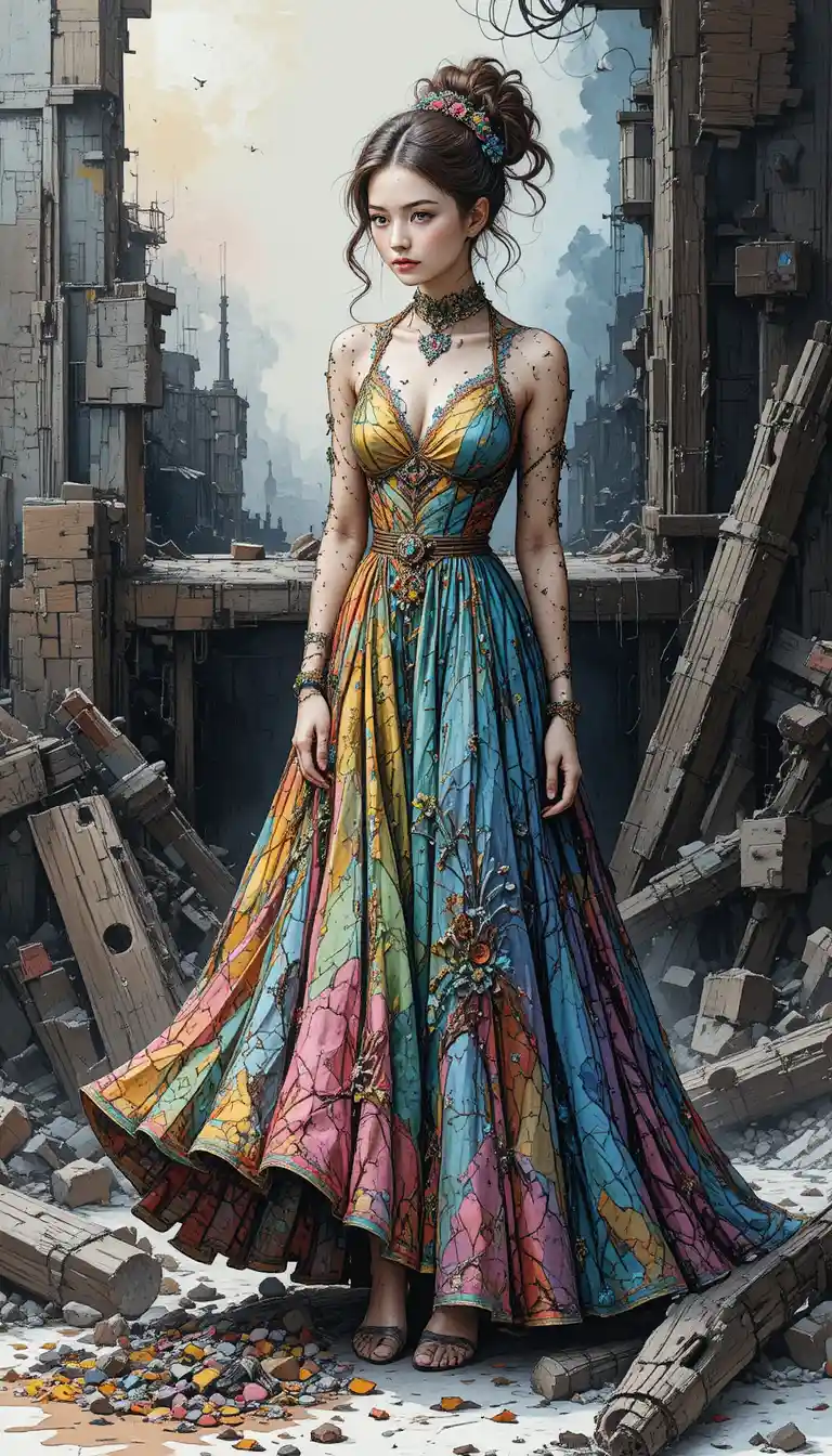 Colorful long dress drawn with fine hatching and detail