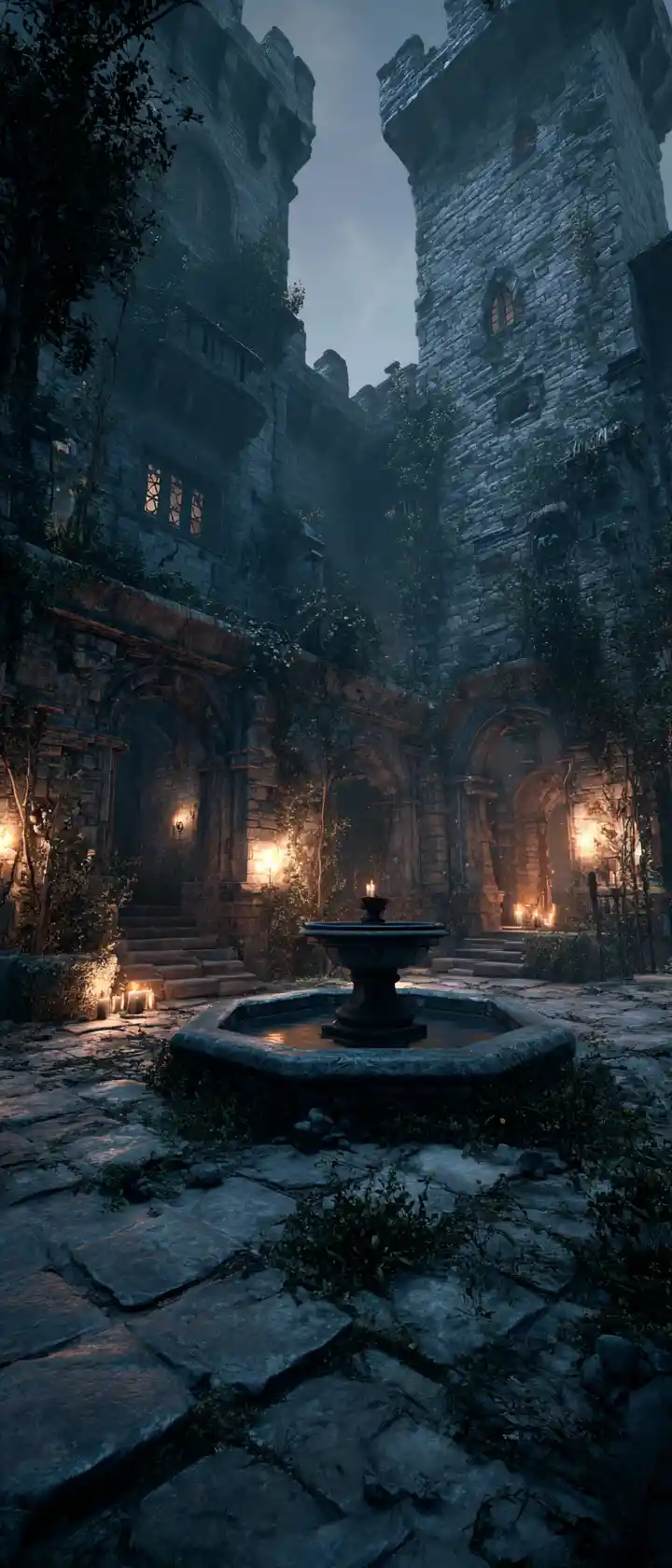 Dark fantasy castle courtyard at twilight with torches