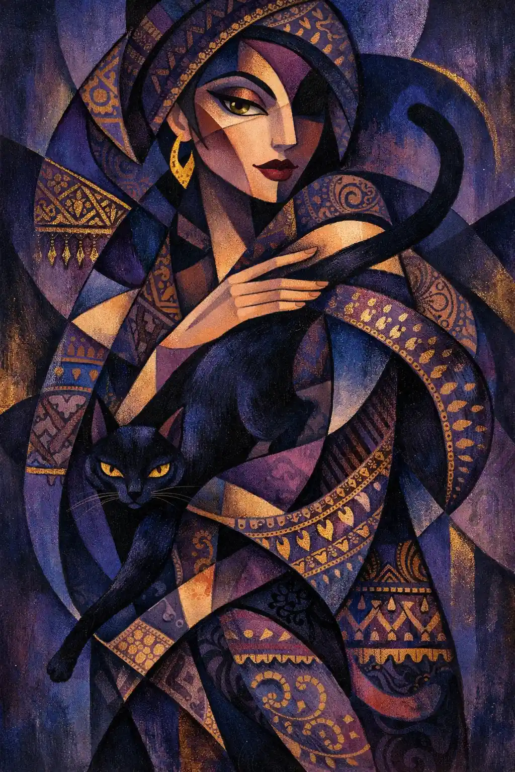 Abstract cubist woman entwined with a sleek elegant cat