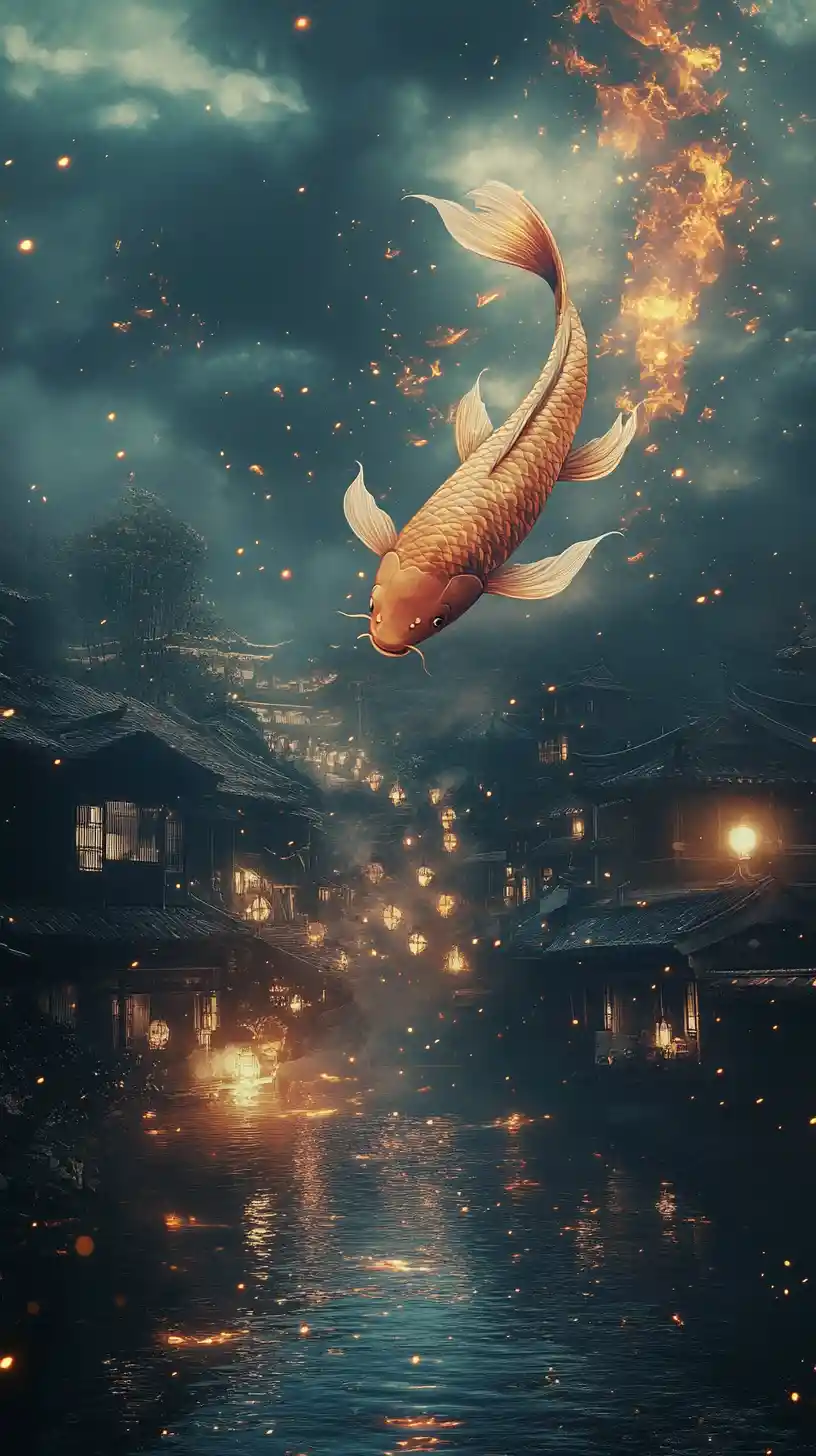 Koi fish drift through the sky above quiet town houses