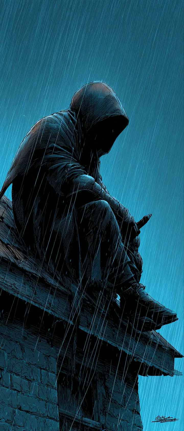 Dark fantasy portrait of a lone hunter on a rooftop