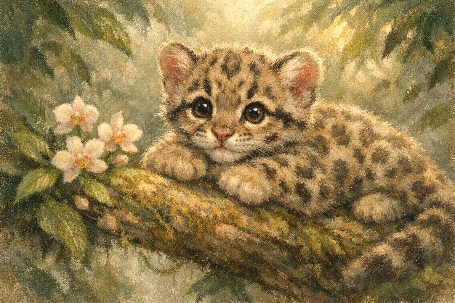 Baby clouded leopard resting on a jungle branch