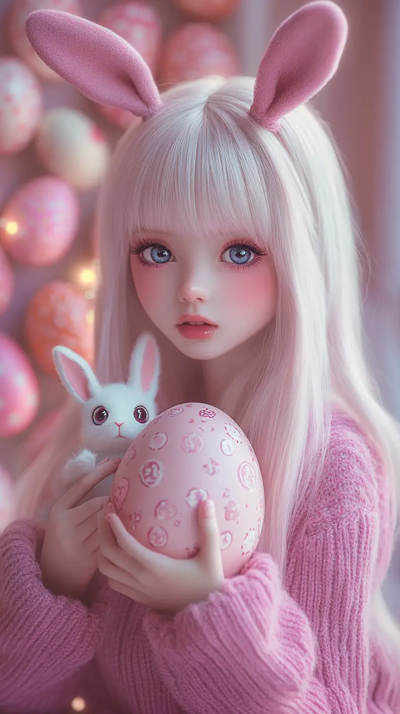 Cute anime girl with pink hair and easter bunny ears